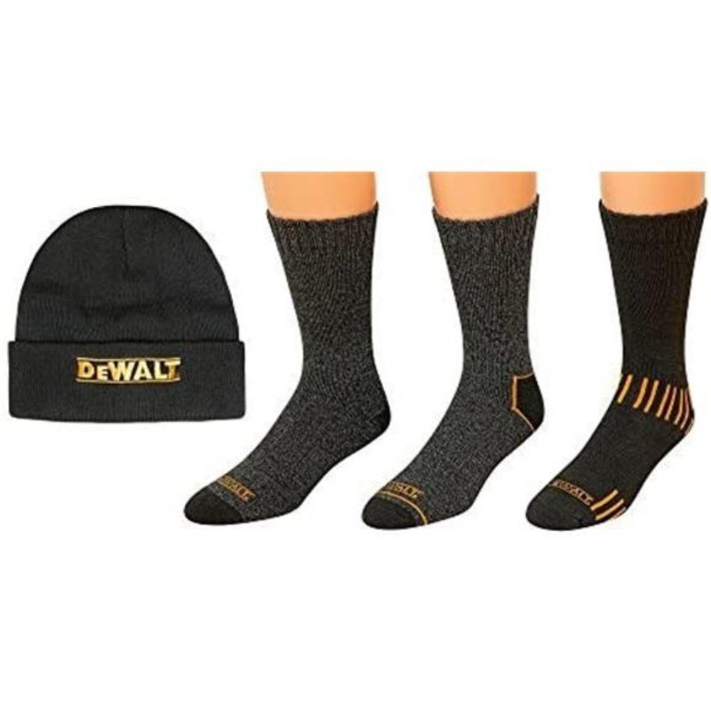 DeWALT 3 Pair Everyday Cotton Blend Work Crew Socks and Fleece Hat Set,10-13